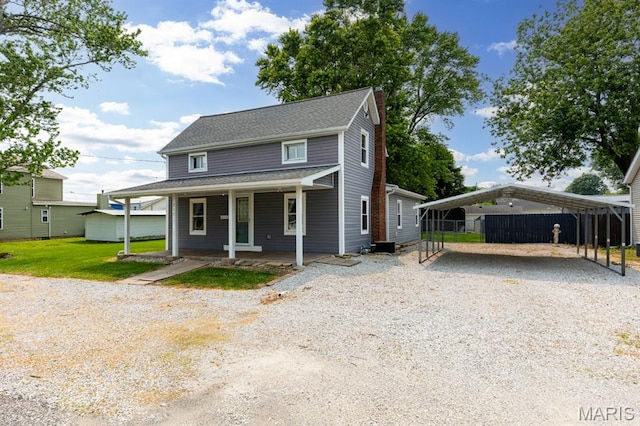 311 S Edwardsville St, Staunton, IL 62088 - view of front facade featuring gravel driveway, a carport, covered porch, a chimney, and a shingled roof