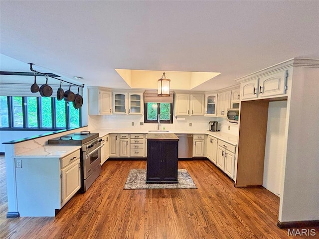 512 Overlook Terrace Ct, Eureka, MO 63025 - kitchen with stainless steel appliances, dark wood-style flooring, a kitchen island, and glass insert cabinets