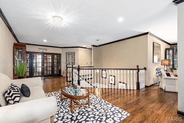 512 Overlook Terrace Ct, Eureka, MO 63025 - living area featuring wood finished floors, ornamental molding, recessed lighting, and french doors