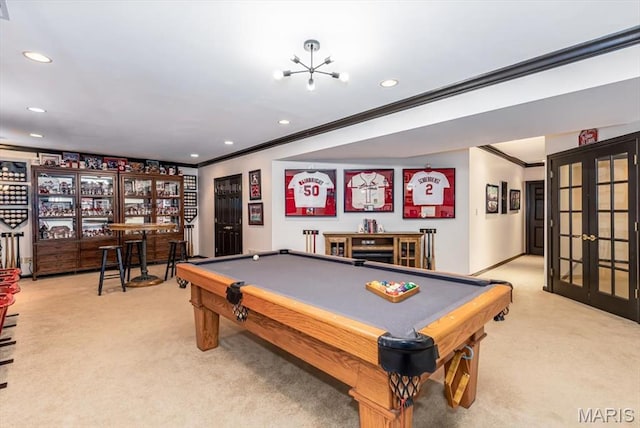 512 Overlook Terrace Ct, Eureka, MO 63025 - playroom with light carpet, ornamental molding, recessed lighting, french doors, and pool table