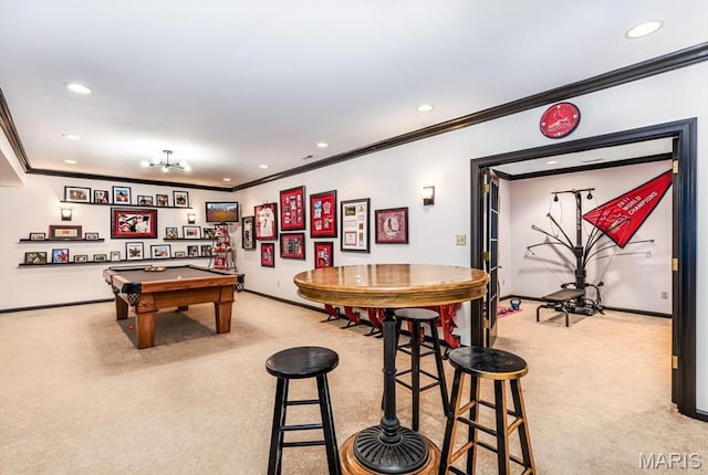 512 Overlook Terrace Ct, Eureka, MO 63025 - rec room with ornamental molding, light carpet, recessed lighting, and billiards