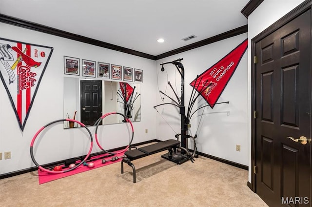 512 Overlook Terrace Ct, Eureka, MO 63025 - workout room with ornamental molding, carpet flooring, and recessed lighting