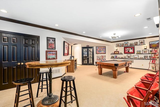 512 Overlook Terrace Ct, Eureka, MO 63025 - game room with carpet, french doors, ornamental molding, recessed lighting, and billiards