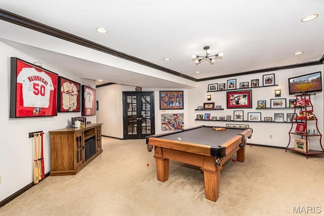 512 Overlook Terrace Ct, Eureka, MO 63025 - playroom with crown molding, light colored carpet, recessed lighting, pool table, and a chandelier