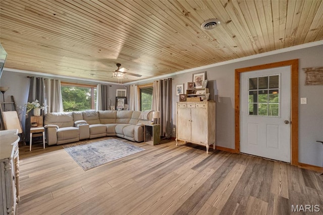 19185 Highway Hwy, Arcadia, MO 63621 - living area with ornamental molding, wooden ceiling, light wood-style flooring, a ceiling fan, and baseboards