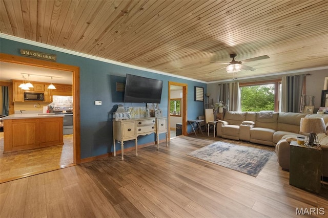 19185 Highway Hwy, Arcadia, MO 63621 - living area with ornamental molding, wood ceiling, light wood-type flooring, ceiling fan, and baseboards
