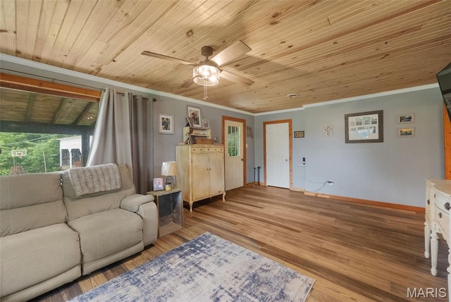 19185 Highway Hwy, Arcadia, MO 63621 - living area featuring crown molding, wood ceiling, a ceiling fan, light wood-type flooring, and baseboards