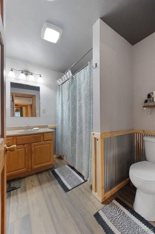 19185 Highway Hwy, Arcadia, MO 63621 - bathroom with toilet, wood finished floors, vanity, and a shower with shower curtain