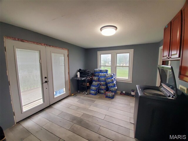 201 E Main St, Lewistown, MO 63452 - washroom with french doors, cabinet space, and light wood-style flooring