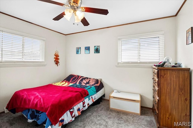 1910 Flamingo Dr, Florissant, MO 63031 - carpeted bedroom featuring ornamental molding, multiple windows, and ceiling fan