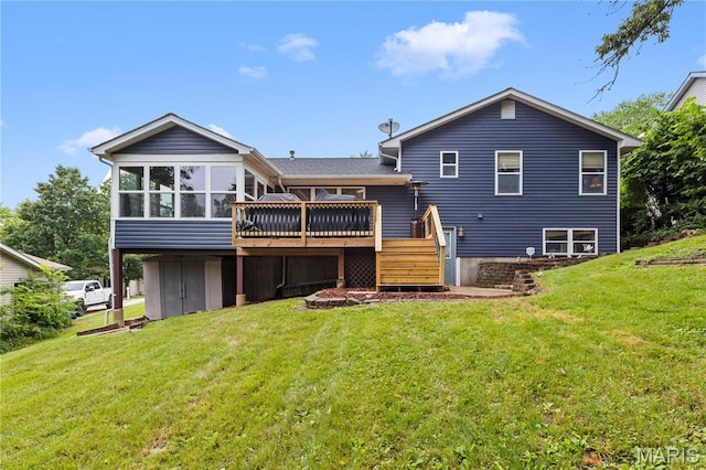 818 Sheraton Ln, Herculaneum, MO 63048 - rear view of house with a wooden deck, a yard, and a sunroom