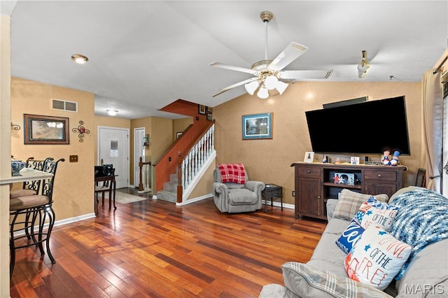 818 Sheraton Ln, Herculaneum, MO 63048 - living area with hardwood / wood-style flooring, ceiling fan, stairway, lofted ceiling, and baseboards