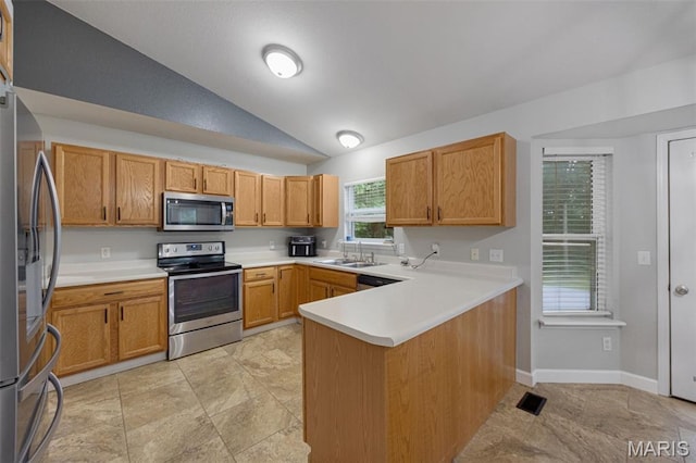 10041 Fox Haven Rd, Blackwell, MO 63626 - kitchen featuring stainless steel appliances, lofted ceiling, a peninsula, a sink, and light countertops