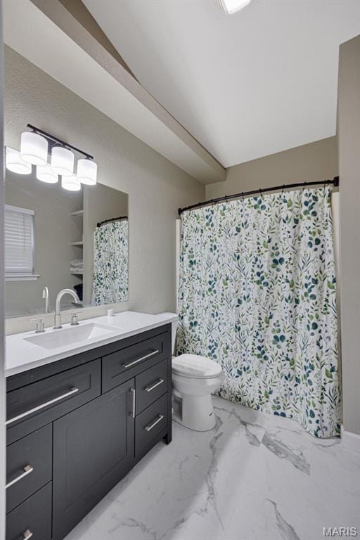 10041 Fox Haven Rd, Blackwell, MO 63626 - full bath with vanity, toilet, marble finish flooring, and a shower with shower curtain