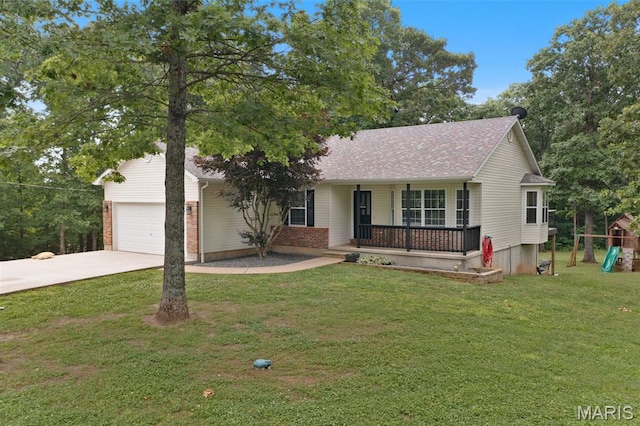 10041 Fox Haven Rd, Blackwell, MO 63626 - view of front of property with a porch, concrete driveway, a front yard, a playground, and a shingled roof