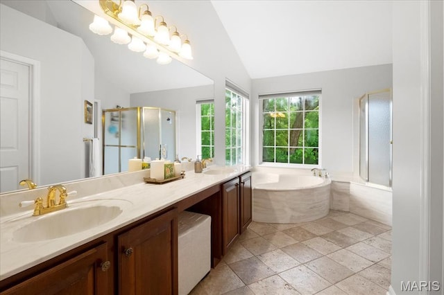545 Autumn Bluff Dr, Ellisville, MO 63021 - full bath featuring a bath, a shower stall, double vanity, vaulted ceiling, and stone tile flooring