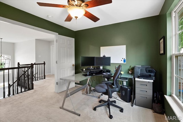 545 Autumn Bluff Dr, Ellisville, MO 63021 - home office featuring light carpet, a ceiling fan, and baseboards