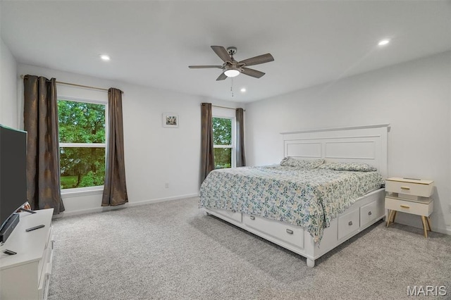 708 Kenmare Ct, Ofallon, MO 63368 - bedroom with multiple windows, recessed lighting, light carpet, baseboards, and a ceiling fan