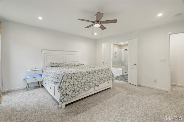708 Kenmare Ct, Ofallon, MO 63368 - bedroom featuring recessed lighting, light colored carpet, baseboards, ensuite bath, and ceiling fan