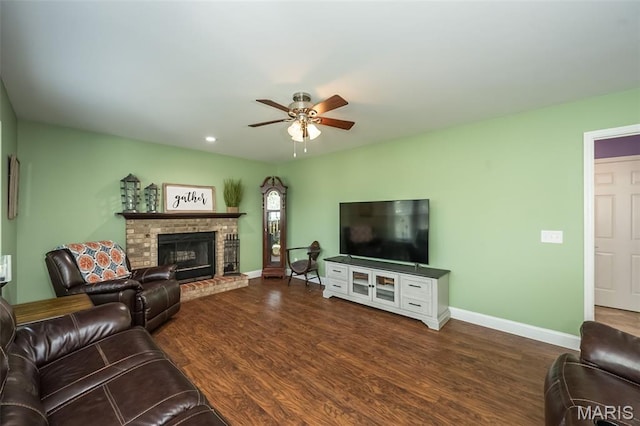 5 Poor Richard Ct, Ofallon, MO 63366 - living area with a ceiling fan, dark wood-type flooring, a fireplace, and recessed lighting