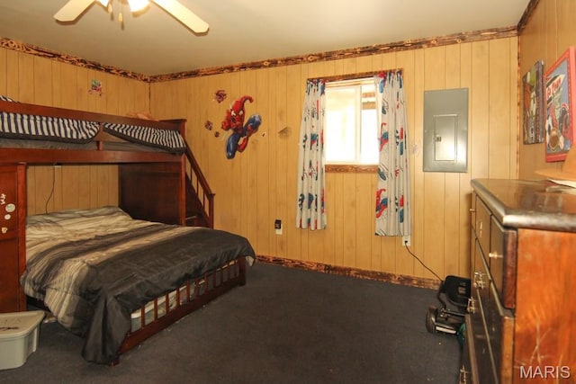 17748 State Highway C, Advance, MO 63730 - carpeted bedroom with electric panel, wood walls, and a ceiling fan