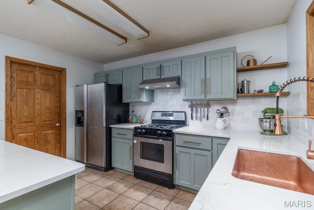 25350 Englewood Ln, Lebanon, MO 65536 - kitchen featuring appliances with stainless steel finishes, under cabinet range hood, a sink, light countertops, and backsplash