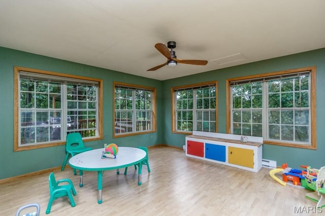 25350 Englewood Ln, Lebanon, MO 65536 - game room featuring a baseboard heating unit, ceiling fan, wood finished floors, and baseboards