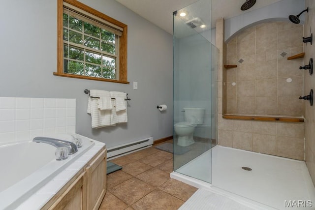 25350 Englewood Ln, Lebanon, MO 65536 - bathroom featuring a baseboard radiator, a tile shower, a garden tub, toilet, and baseboards