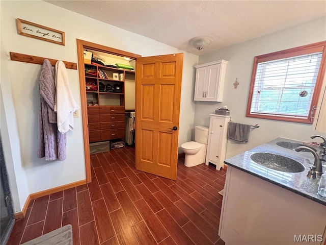 3581 Eagle Crest Dr, Palmyra, MO 63461 - bathroom featuring double vanity, toilet, wood finished floors, a textured ceiling, and baseboards