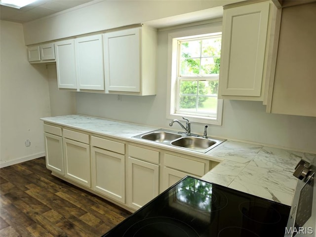308 E Kathleen, Sikeston, MO 63801 - kitchen featuring a sink, light countertops, electric range, and dark wood-style floors