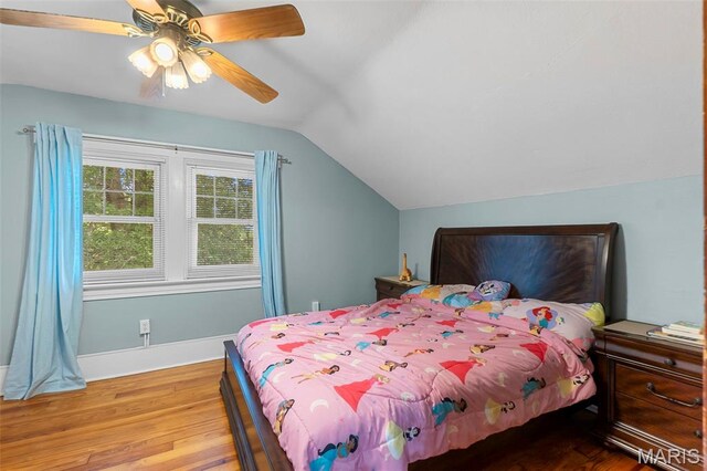 618 Parkview St, Jackson, MO 63755 - bedroom featuring wood finished floors, vaulted ceiling, baseboards, and ceiling fan