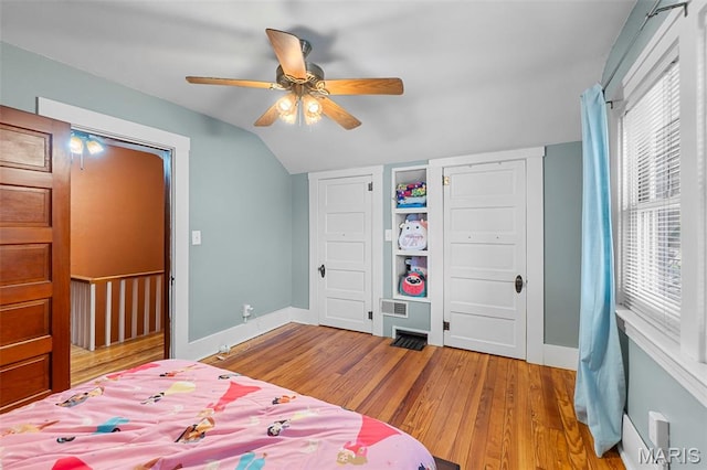 618 Parkview St, Jackson, MO 63755 - bedroom featuring lofted ceiling, wood finished floors, baseboards, and ceiling fan