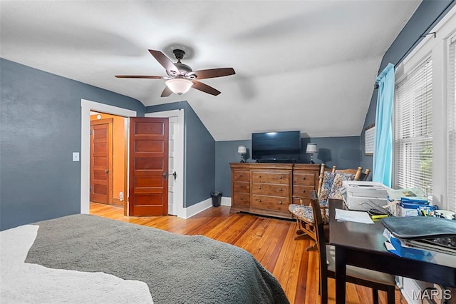 618 Parkview St, Jackson, MO 63755 - bedroom with wood-type flooring, lofted ceiling, ceiling fan, and baseboards