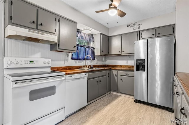 1 Mileva Ct, Farmington, MO 63640 - kitchen with white appliances, under cabinet range hood, gray cabinetry, and a sink