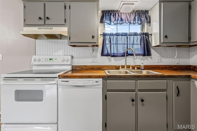 1 Mileva Ct, Farmington, MO 63640 - kitchen featuring white appliances, under cabinet range hood, a sink, wooden counters, and a textured ceiling