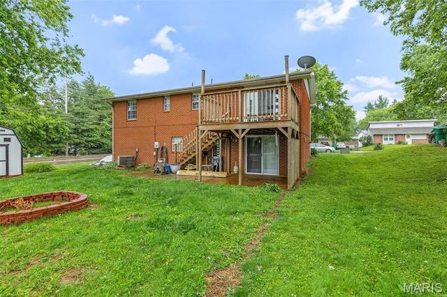 1 Mileva Ct, Farmington, MO 63640 - rear view of property with stairs, a deck, central air condition unit, brick siding, and a yard