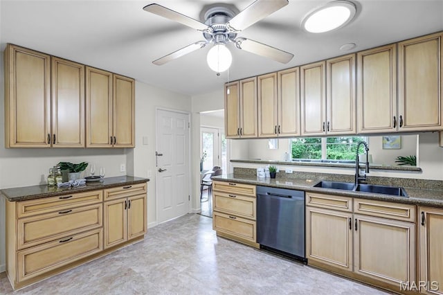 1385 Mallard Ln, Florissant, MO 63031 - kitchen with dishwasher, a ceiling fan, light brown cabinetry, and dark stone counters