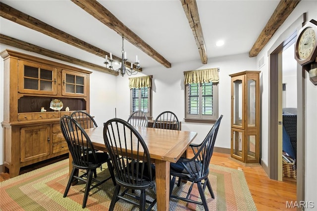 1423 Emily Ln, Festus, MO 63028 - dining room with light wood-style flooring, beam ceiling, a chandelier, and recessed lighting
