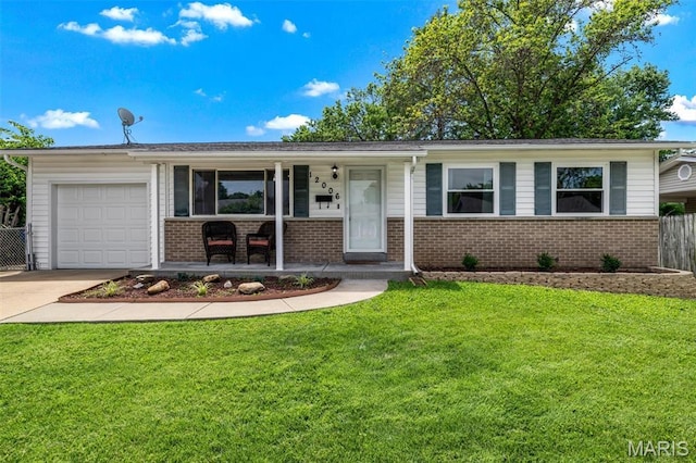 12006 Glengrove Dr, Maryland Heights, MO 63043 - ranch-style home featuring covered porch, brick siding, a garage, and driveway