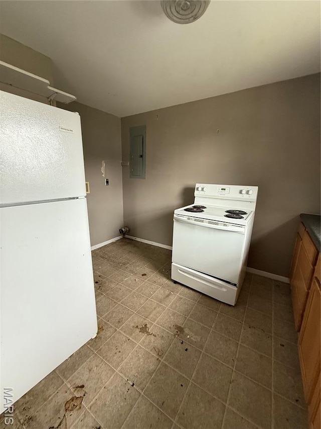 711 E Gladys St, Sikeston, MO 63801 - kitchen with white appliances, electric panel, and tile patterned floors