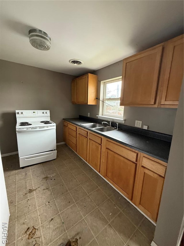 711 E Gladys St, Sikeston, MO 63801 - kitchen with white electric range oven and dark countertops