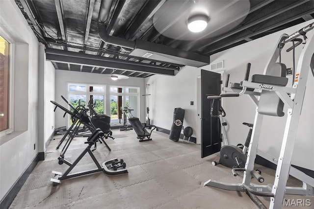22206 Tree Farm Rd, Hermann, MO 63383 - workout area with baseboards and french doors