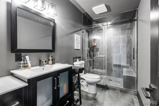 22206 Tree Farm Rd, Hermann, MO 63383 - bathroom featuring toilet, vanity, a stall shower, and marble look tiles