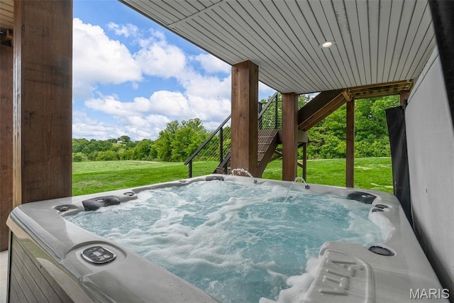 22206 Tree Farm Rd, Hermann, MO 63383 - view of patio / terrace featuring a hot tub and stairway