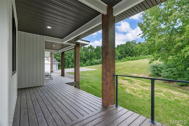 22206 Tree Farm Rd, Hermann, MO 63383 - deck featuring a lawn and an outbuilding