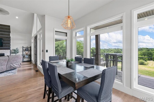 22206 Tree Farm Rd, Hermann, MO 63383 - dining area featuring light wood-style floors and a fireplace
