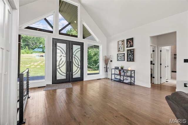 22206 Tree Farm Rd, Hermann, MO 63383 - foyer entrance featuring wood finished floors, high vaulted ceiling, and baseboards