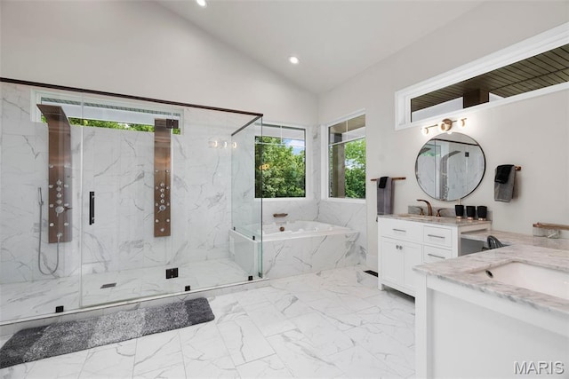 22206 Tree Farm Rd, Hermann, MO 63383 - full bathroom featuring two vanities, a bath, vaulted ceiling, marble finish floors, and a marble finish shower