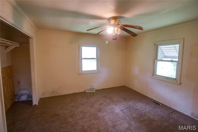 33974 Irish Ln, Brighton, IL 62012 - unfurnished bedroom featuring carpet floors, crown molding, a ceiling fan, and a closet