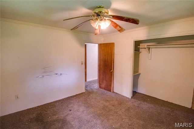 33974 Irish Ln, Brighton, IL 62012 - unfurnished bedroom featuring carpet floors, crown molding, a closet, and ceiling fan
